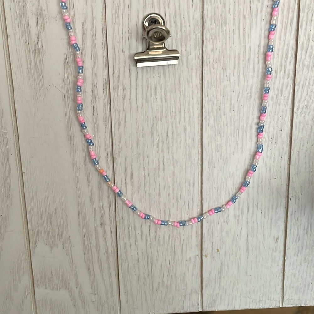 Boho Layering Beaded Pink White and Blue Seed Beads Necklace